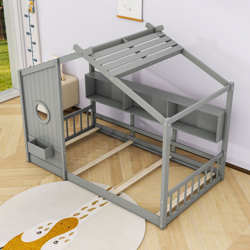 Lit en bois avec toit et tablettes de rangement, gris, Simple