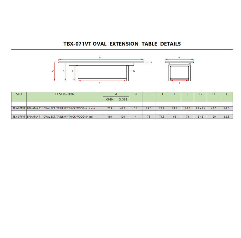 BAHama table d'extension ovale de 71 po d'épaisseur extra