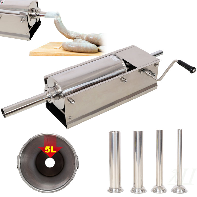 Bourre à saucisse horizontale 5L / 11LBS, acier inoxydable, machine à saucisse manuelle, avec buses de remplissage 4PCS, pour usage domestique et commercial