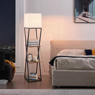 Lampe sur pied avec tablettes, lampadaire campagnard moderne de 61 po, grand lampadaire industriel rustique à 3 niveaux pour coin de salon, table de chevet de chambre à coucher, finition noire et noyer, base E26 (ampoule non incluse)
