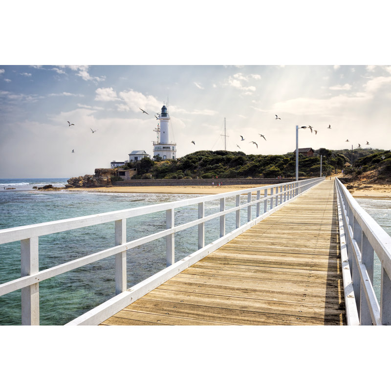 Point Lonsdale Lighthouse And Jetty With Seagulls In Sky - Wrapped Canvas Print, 81cm H x 122cm W x 3.8cm D