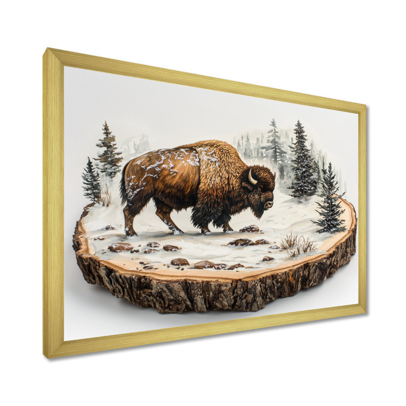 Marven Bison in Winter Forest Landscape II - Bison, art mural, Cadre simple, H 12 po x l 20 po, Doré