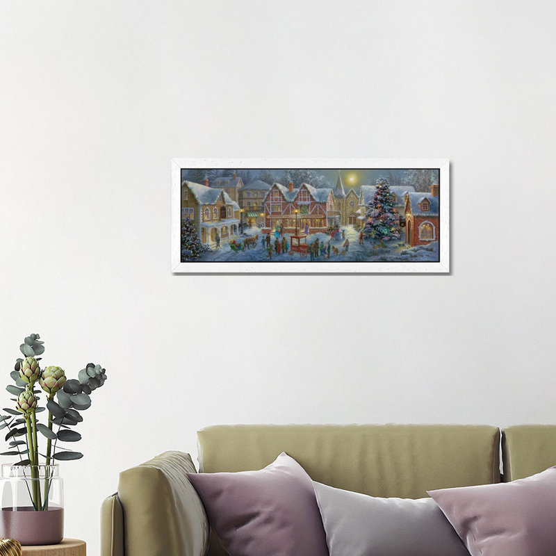 Christmas Village by Nicky Boehme - Panoramic Painting on Canvas, White Framed, 30.48 cm H x 91.44 cm W