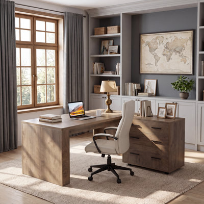 Bureau de direction en L de 160 cm avec classeur intégré, brun