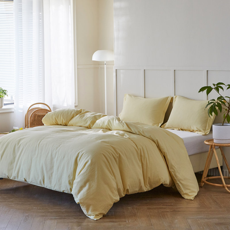 Linen Duvet Cover Set, Full Duvet Cover + 2 Standard Pillowcases, Pale Yellow
