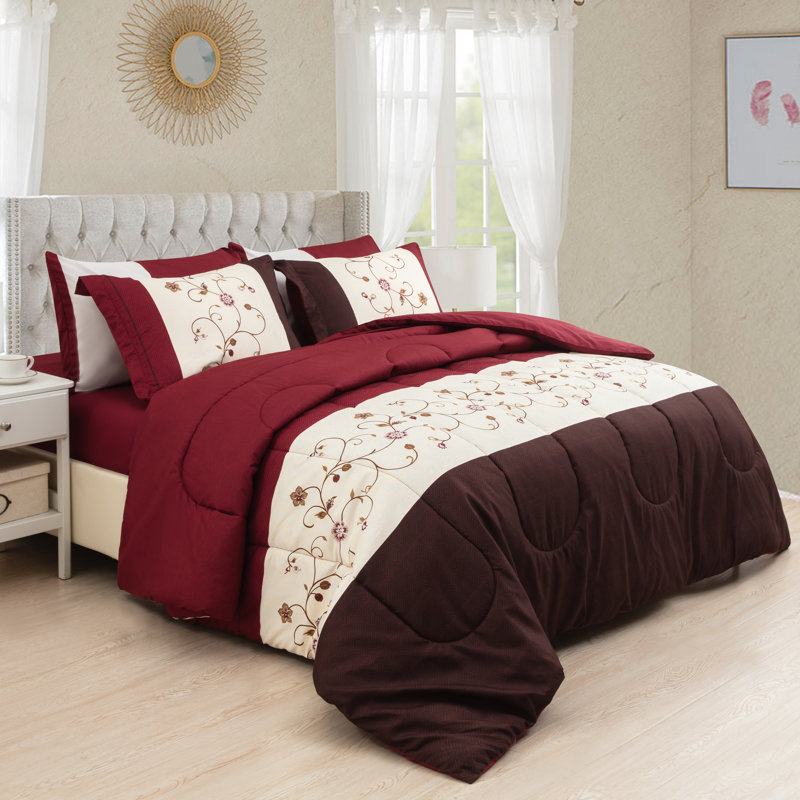 Marina Decoration Home Decor Bedding Comforters Duvet Soft Fluffy Goose Down Alternative Bed In A Bag 7 Piece Printed Comforter Set with 4 Piece Sheet Set, Modern Burgundy Cosmos Floral Queen Size