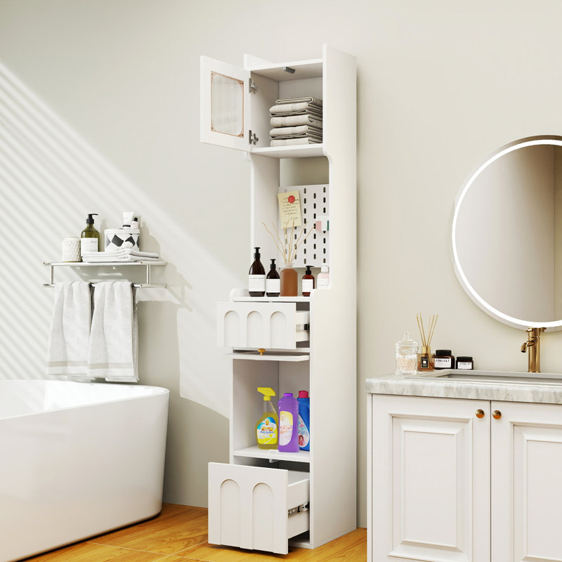 Armoire de rangement haute de 70,87 po de hauteur avec 1 porte et 2 tiroirs, unité de rangement étroite, armoire de plancher pour la salle de bain, le salon, le vestibule, la cuisine, blanc