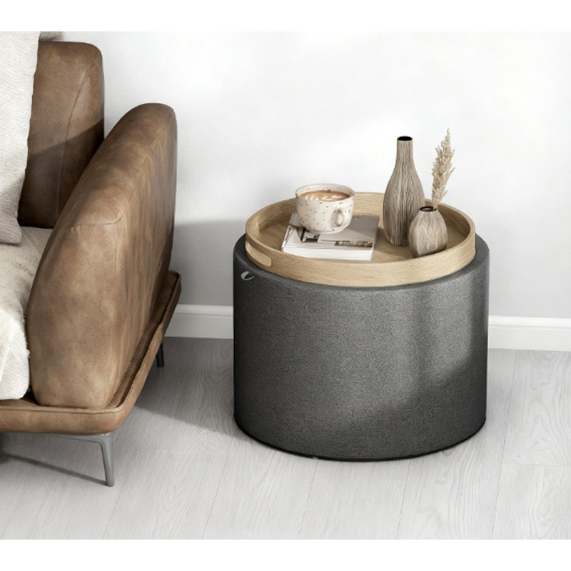 Repose-pieds rembourré en tissu de lin, table basse ronde avec plateau rabattable, gris foncé