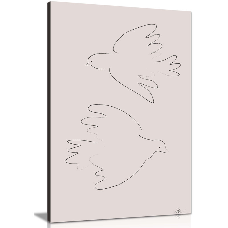 Doves Line Art In Beige Background - Wrapped Canvas Painting, 76cm H x 51cm W