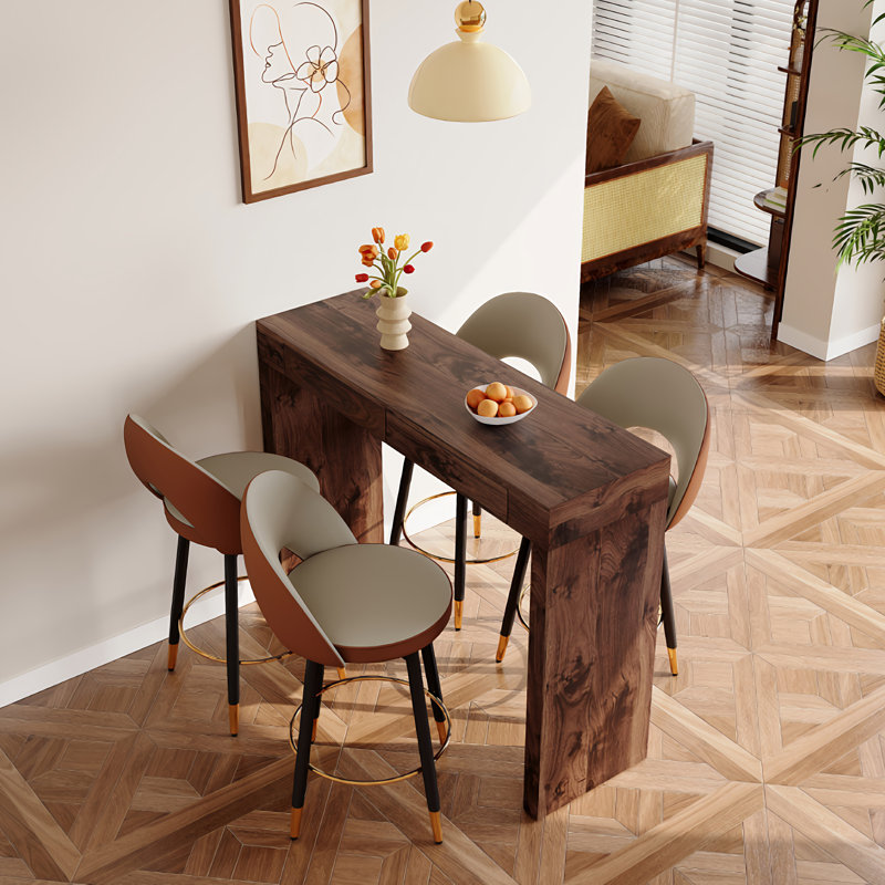 Modern 5-Piece Counter Height Table Set with Drawers and Swivel Stools, 5 Pieces: Table, 4 Chairs, Grey/Brown