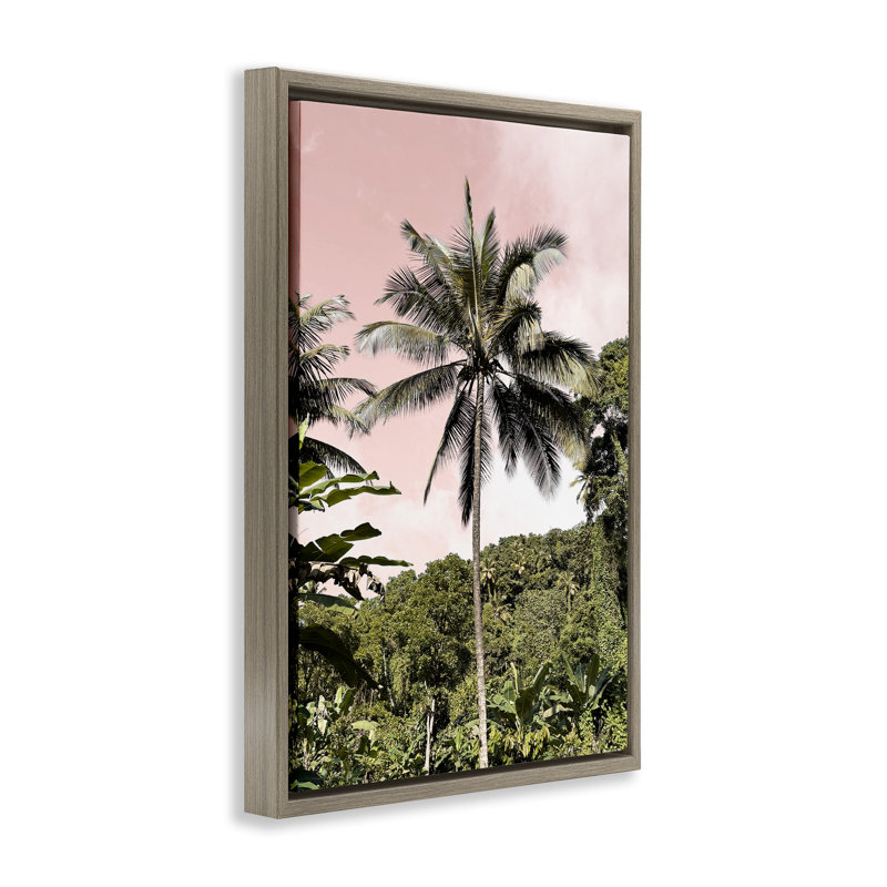 Palmier forêt tropicale sur cadre flottant rose, design par Natalie Carpentieri, H 31 po x l 21 po