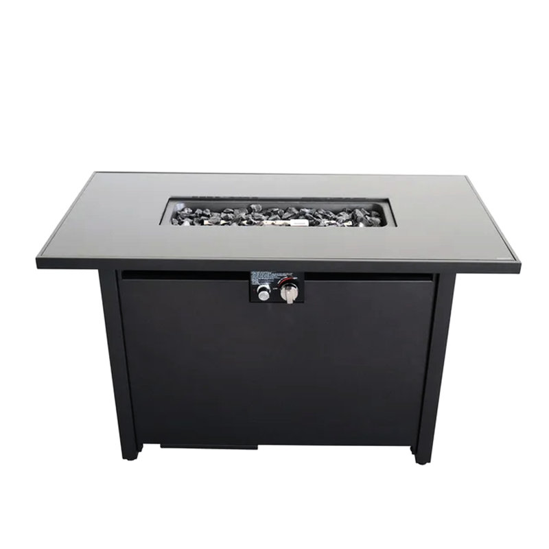 Table de foyer d'extérieur en acier de 25 po H x 42 po avec couvercle - foyer de patio et de terrasse chic pour le patio, matériau, finition antirouille, plateau en acier inoxydable, pierres de lave, réservoir de carburant de porte latérale, contrôle d'allumage, protection