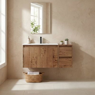 42" Floating Single Bathroom Vanity with Ceramic Sink and Handle-Free Design