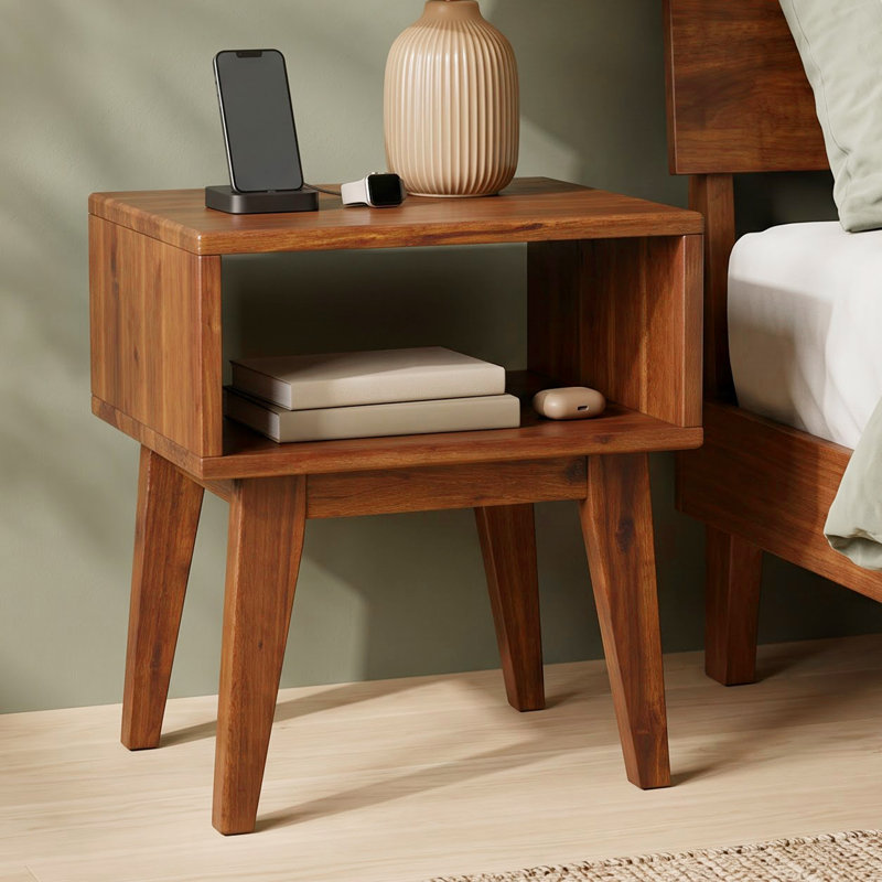 Acacia Serena Solid Wood Nightstand, Mid Century Modern Side Table Bedroom with Storage, Caramel
