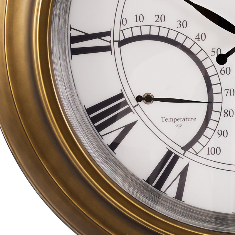 Contemporary Large Outdoor Wall Clock with Thermometer Waterproof Illuminated,24 Inch, Brass