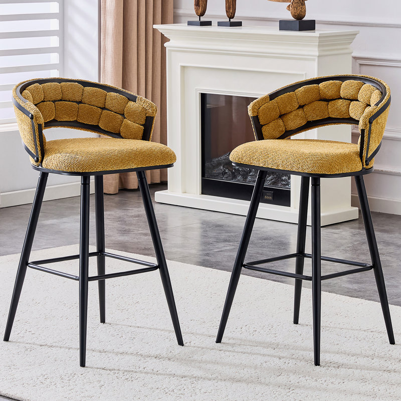 Ensemble de 2 tabourets de bar en velours avec pieds en fer noir, tabourets de comptoir modernes pour îlot de cuisine, Jaune