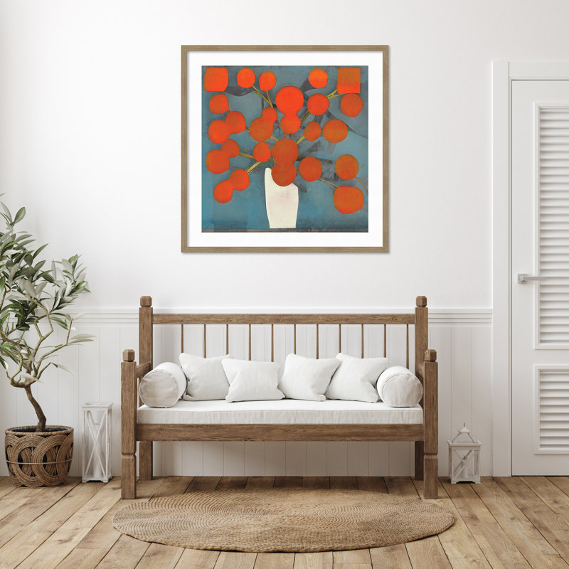 «Abstract Orange Flowers» par Elena Ray, impression sur bois encadrée, H 42 po x l 42 po, Brun