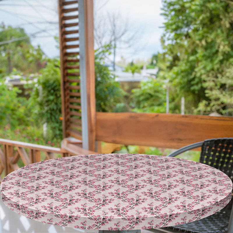 East Urban Home Japanese Fitted Round Tablecloth Dark Coral Pale Pink, 64.17" Round