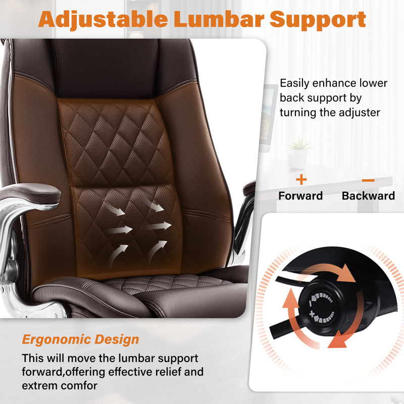 Modern Leather Executive Office Chair With Flip-Up Armrests And Adjustable Lumbar Support, Brown