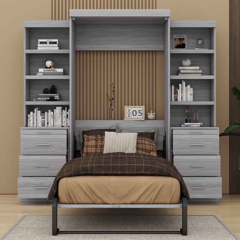 Ainash Murphy Bed with Drawers and Shelves, Twin