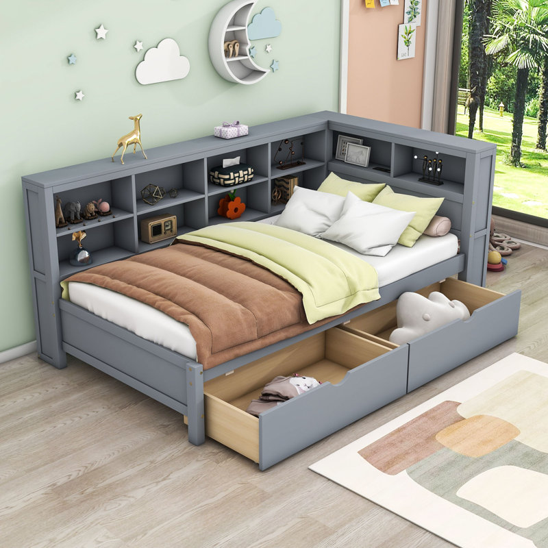 Lit de jour en bois tou avec 2 tiroirs et tablettes, Double, Gris