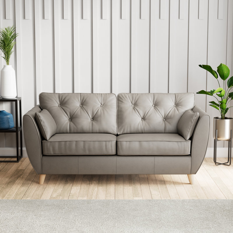 Marylin 3 Seater Leather Sofa, Stone, Light Wood