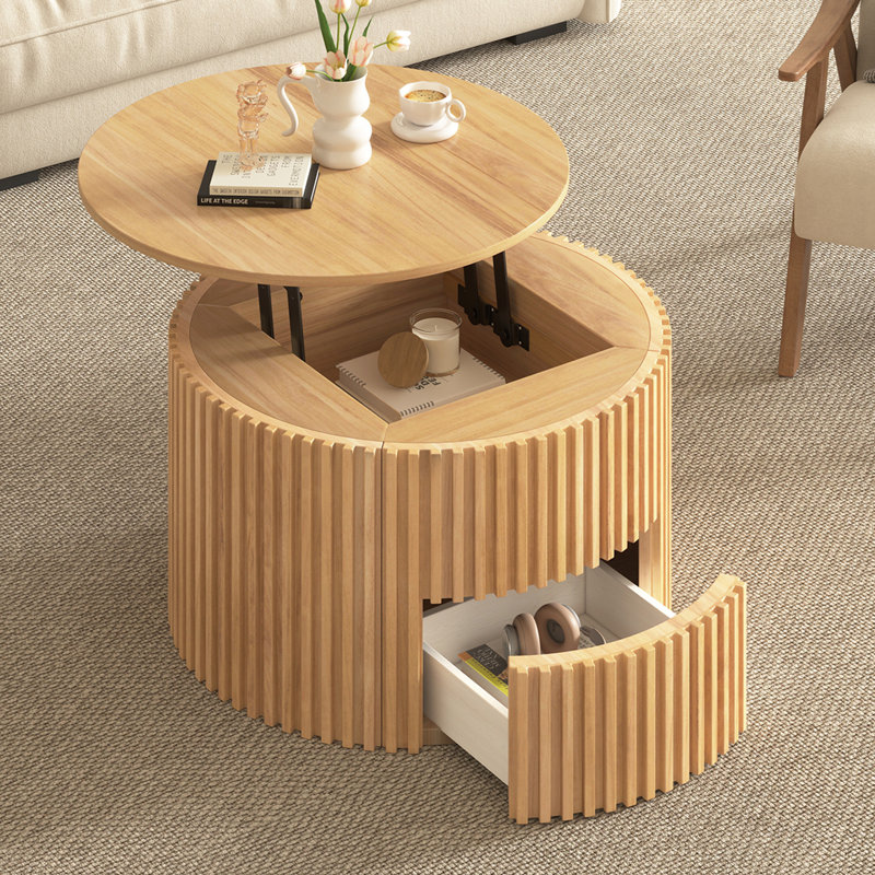 Table basse ronde à plateau relevable, table d'appoint moderne en bois cannelé avec rangement caché pour le salon