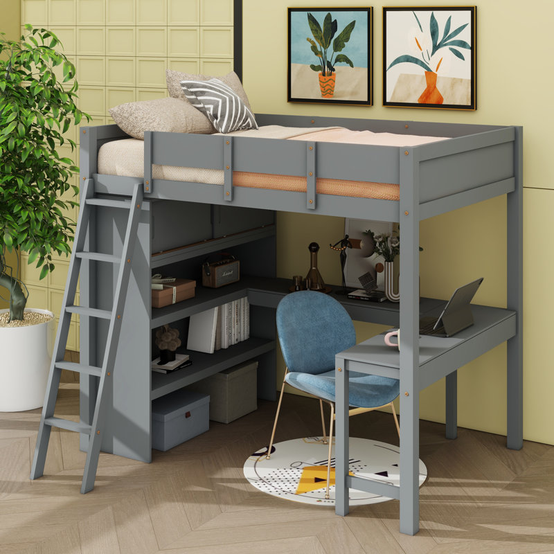  Lit mezzanine avec bureau et tablette Johnnette, gris