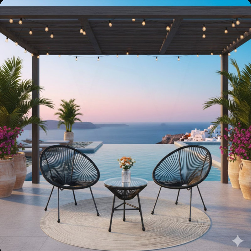3-Piece Acapulco Wicker Patio Rahul with 2 Ergonomic Chairs and Tempered Glass Table, Ideal for Outdoor and Indoor Use, Black
