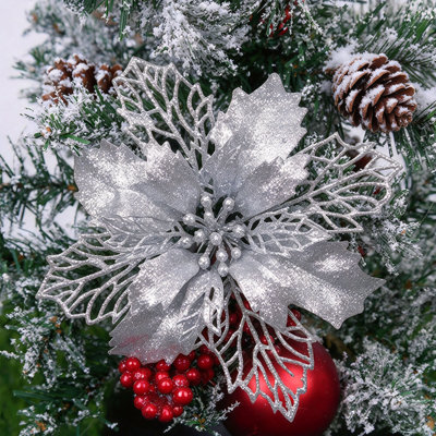 12 Pcs Christmas Glitter Poinsettia Faux Flowers