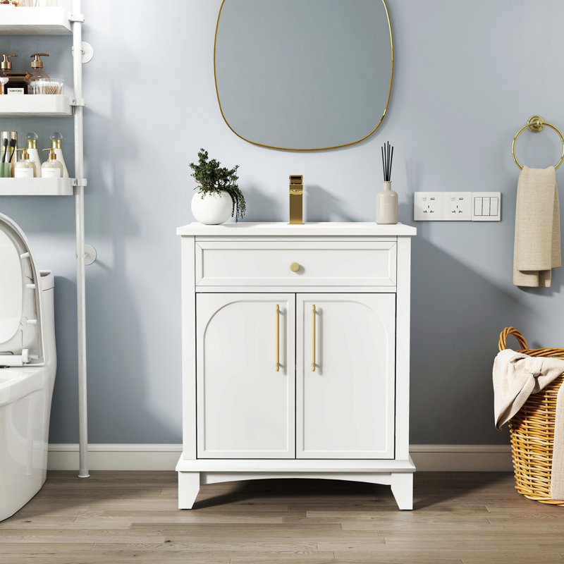 Ensemble lavabo de salle de bain moderne de 70,6 cm (27,8 po) avec surface peinte, lavabo de salle de bain autoportant de style milieu du siècle avec rangement, meuble-lavabo haut de gamme avec poignées en métal