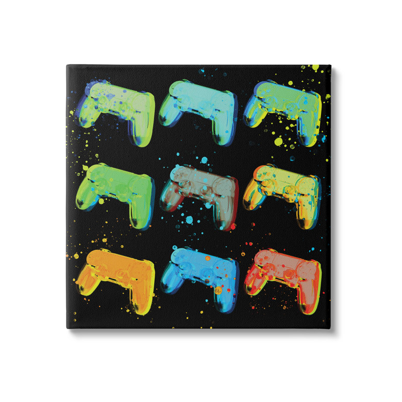 «Neon Pop Style Gaming Controllers Paint Splatter» par Daphne Polselli, impression sur toile tendue