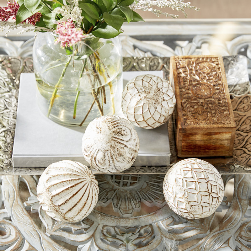  Carwyn Ceramic Handmade Carved Decorative White Orbs & Vase Filler with Varying Patterns Set