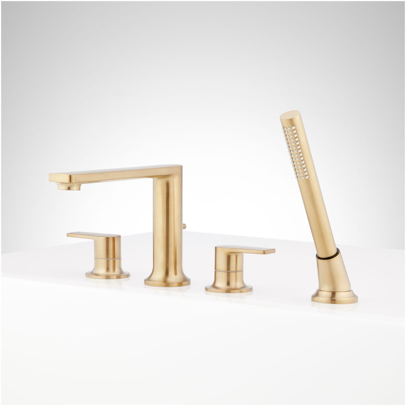 Berwyn 4-Hole Roman Tub Faucet and Hand Shower with Rough-In Valve - Brushed Gold, Brushed Gold