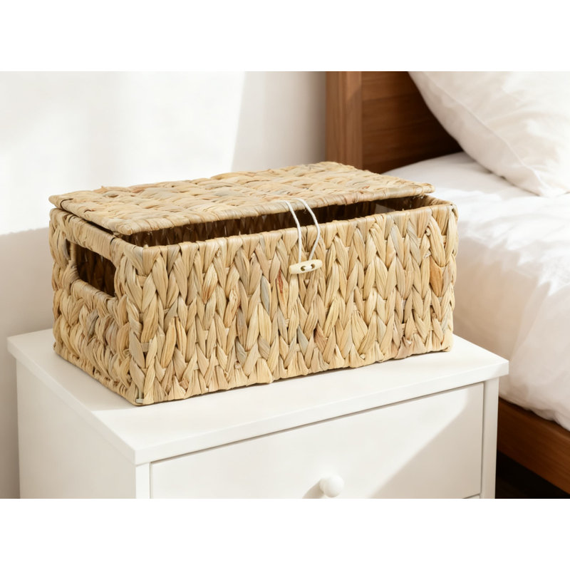 Water Hyacinth Storage Basket With Lid, Handwoven Rectangular Wicker Organizer Bin With Handles For Home Shelf Decor And Clutter Control