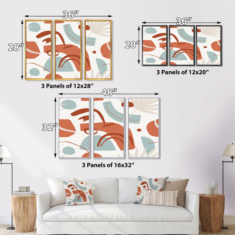 Formes géométriques avec feuilles de palmier tropicales - impression sur toile flottante 3 pièces, H 28 po x l 36 po x P 1 po