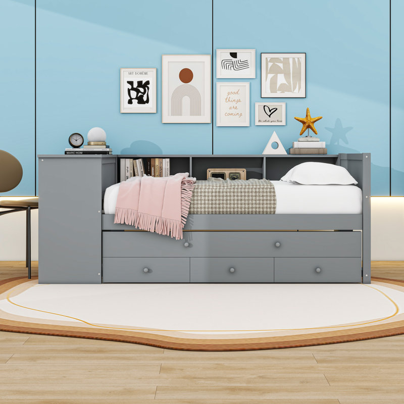 Lit de jour à trois tiroirs en bois avec couchette et tablettes latérales, Lit simple, Gris