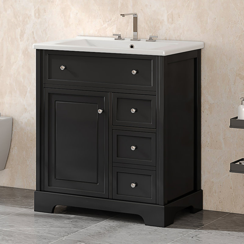 Meuble-lavabo 30 po avec comptoir, meuble-lavabo avec porte et 2 tiroirs, planches en panneau de fibres à densité moyenne, 1 paquet, noir