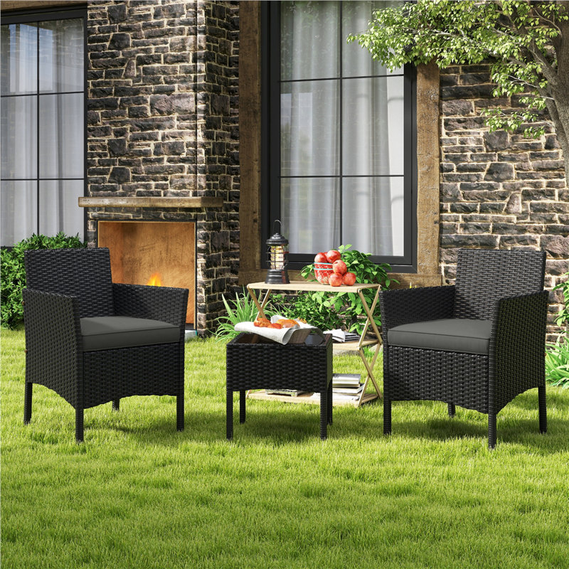 Argonne 2 Seater Rattan Conversation Set, Black/Grey