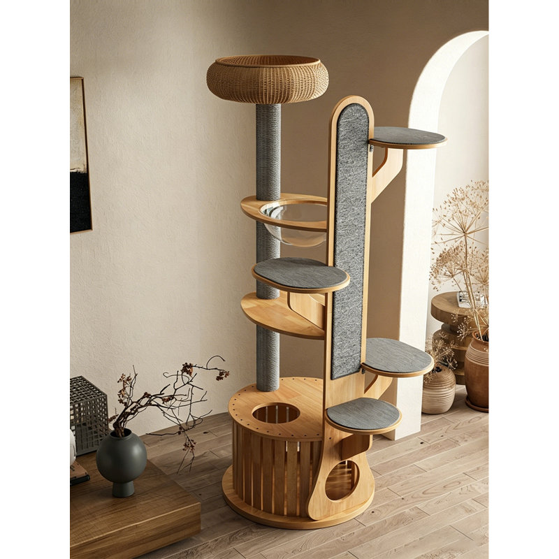 Tour à chat moderne en bois naturel avec poteau en sisal, planche à gratter et plateformes de jeu à plusieurs niveaux
