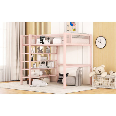 Lit mezzanine simple en métal rose avec tablettes - 4 rangements pour la chambre à coucher Design moderne et fabrication durable Taille dans un coin lecture