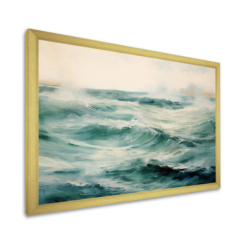 «Blue Coastal Waves Wildness Watecolor», reproduction, H 30 po x l 40 po x P 1,5 po, Cadre photo doré simple
