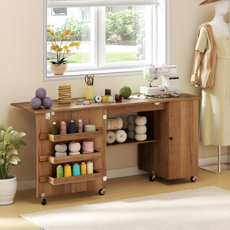 Table de couture pliante avec abattant, table de bricolage roulante, brun, Grain de bois brun