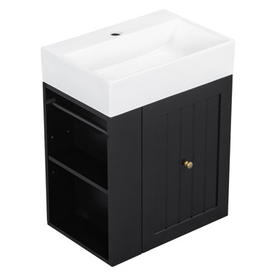 Meuble-lavabo simple autoportant noir mat avec lavabo et rangement en céramique