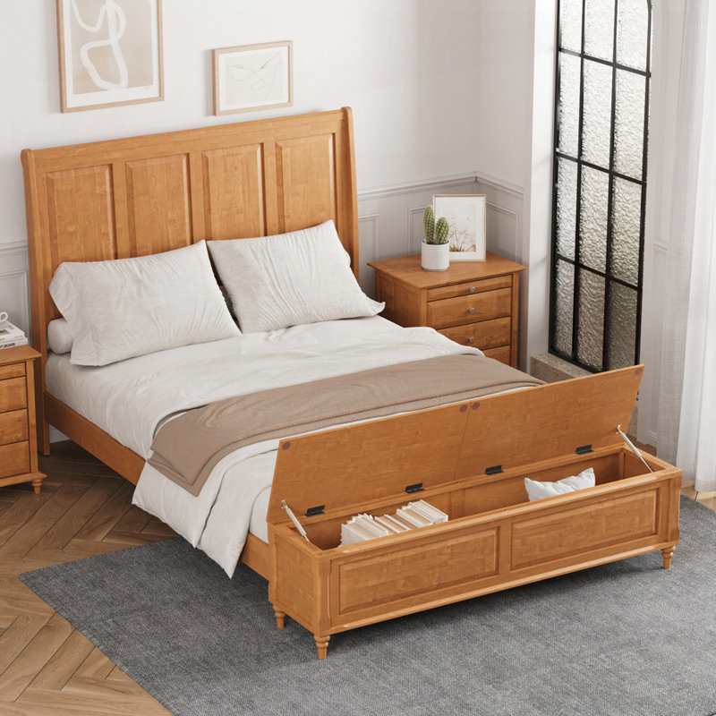 Lit-bateau en bois Soild avec tête de lit haute et banc de rangement, Très grand lit, Naturel
