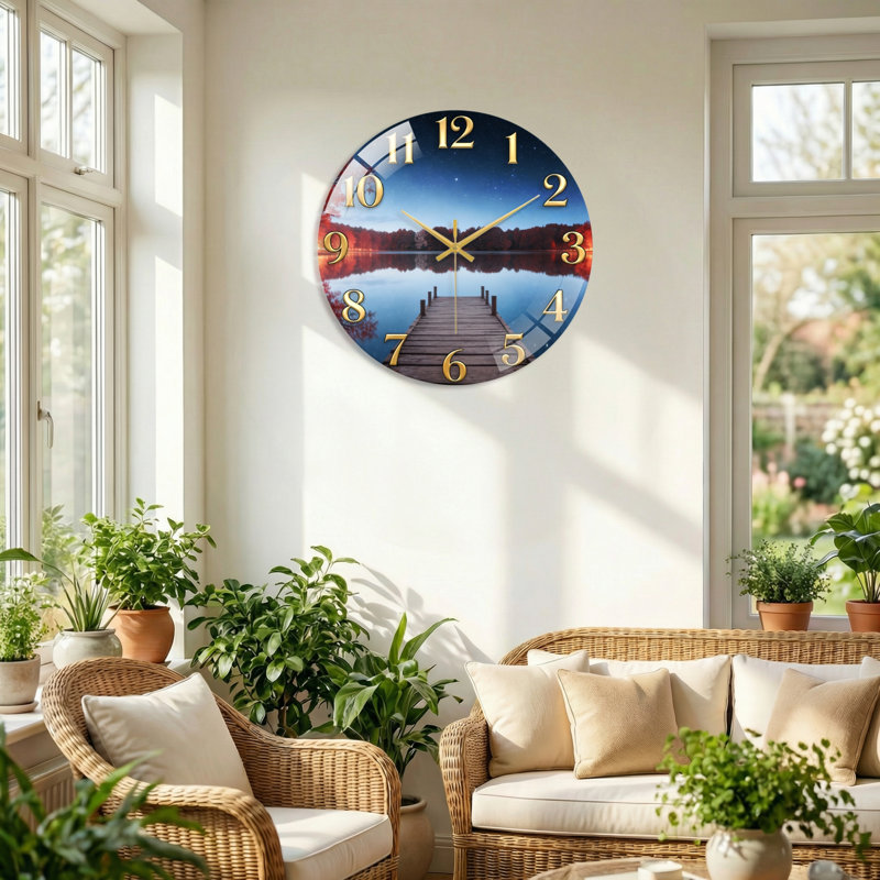 «Night Lake», horloge murale en verre, 40 x 40 cm (15,7 x 15,7 pouces)