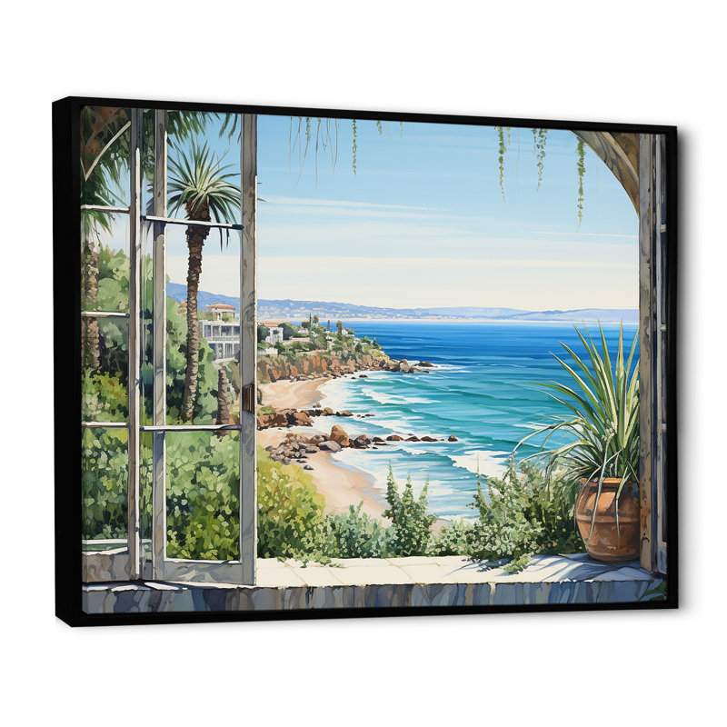 Seaside, vue tropicale I - Fenêtres côtières, art mural, H 34 po x l 44 po x P 1,5 po, Cadre flottant noir