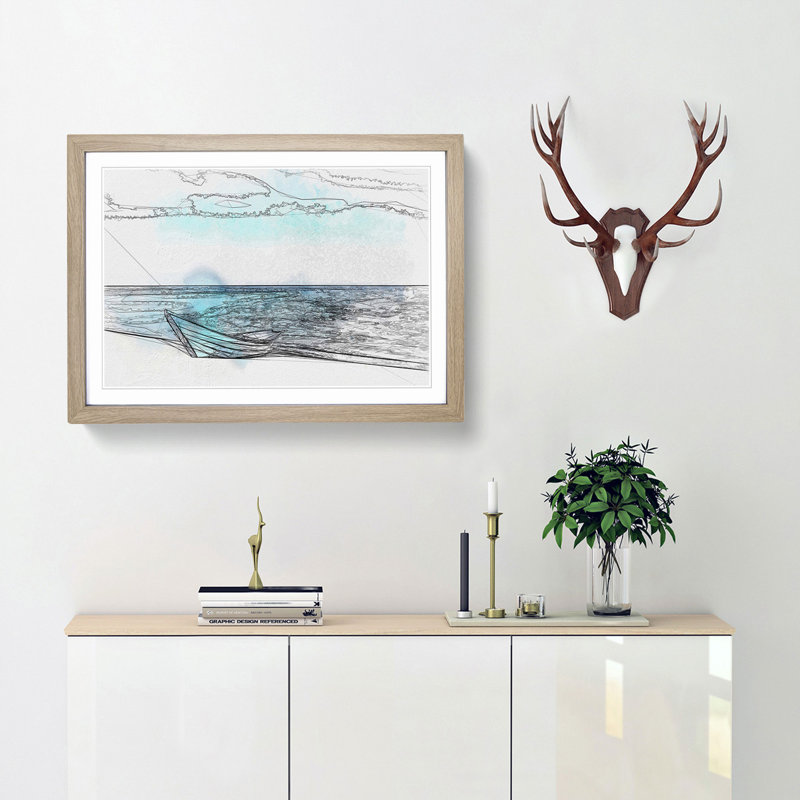 Blue Boat upon the Beach in Abstract - Picture Frame Drawing Print, Oak Framed, 36cm H x 48cm W x 2cm D