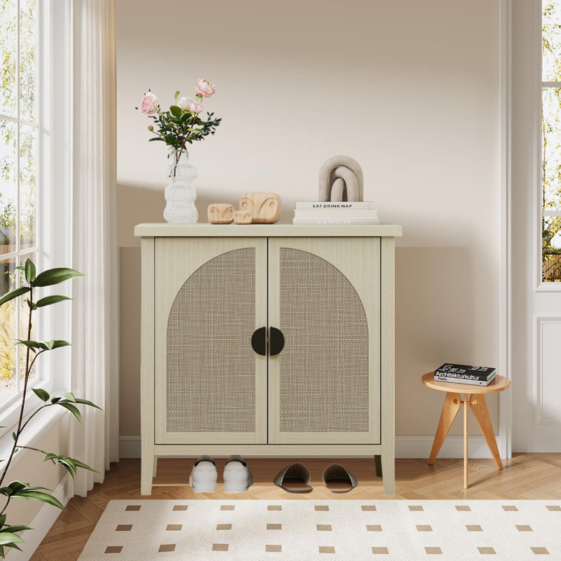 2-Door Rattan Door Shoe Storage Cabinet With 2 Compartments,Adjustable Shelf,Metal Semi-Circle Handle