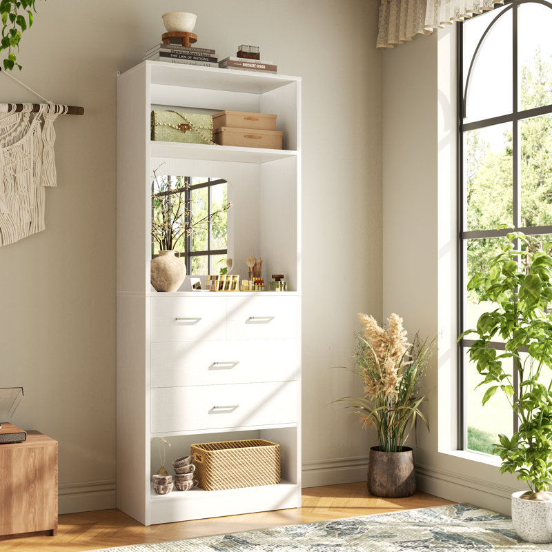 Système d'organisation 25 po avec 4 tiroirs en bois et miroir, Blanc